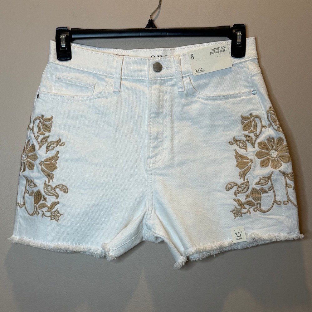 NWD a.n.a Highest-Rise Shortie Short White Embroidered Floral Denim Womens Sz 8
